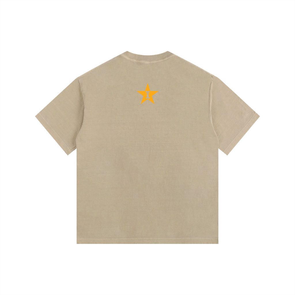 Iota Phi Theta vintage washed oversized cotton T-shirt by ODMPOD featuring bold logo and relaxed fit, displayed on a hanger.