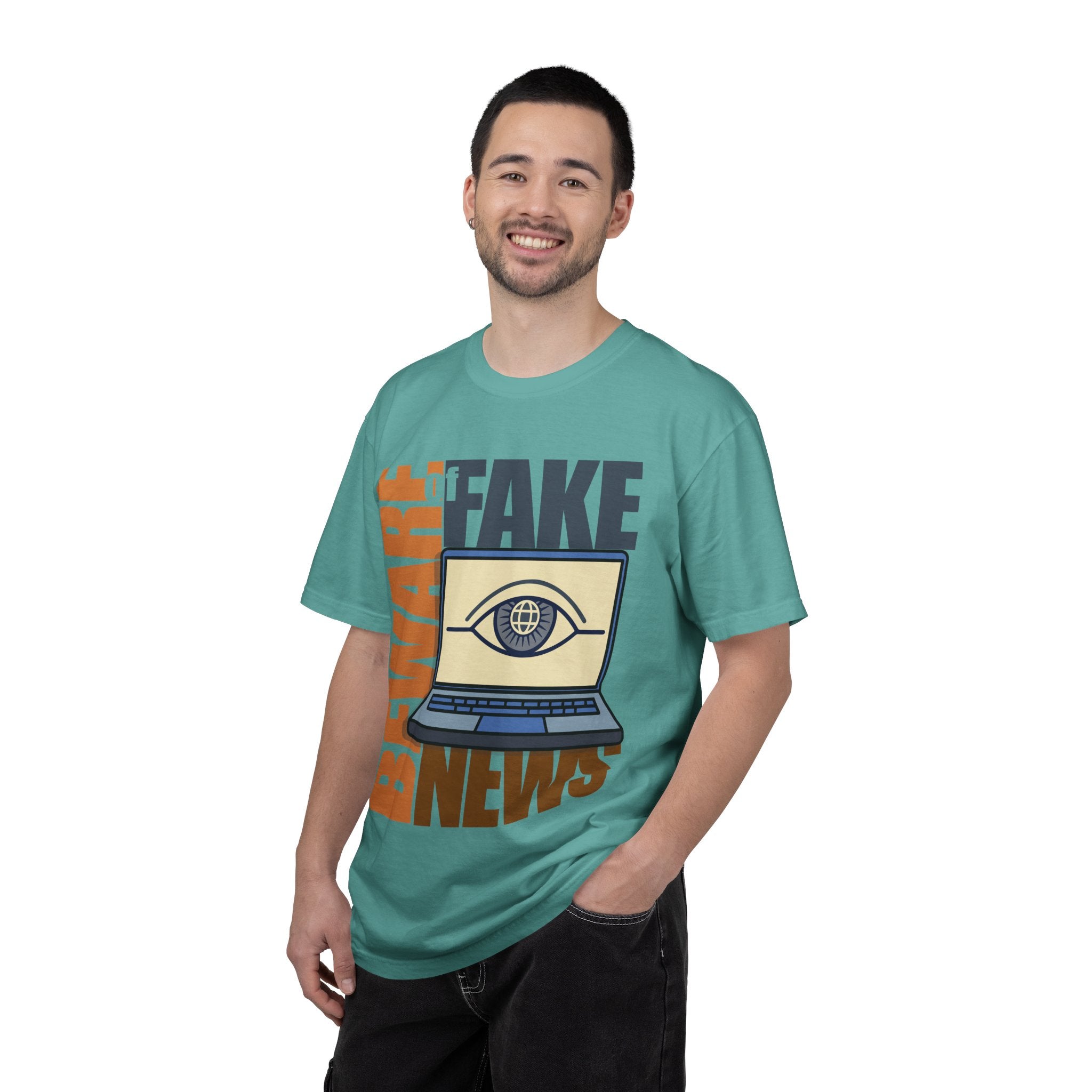 Beware Fake News T-Shirt — Graphic Laptop Eye Design
