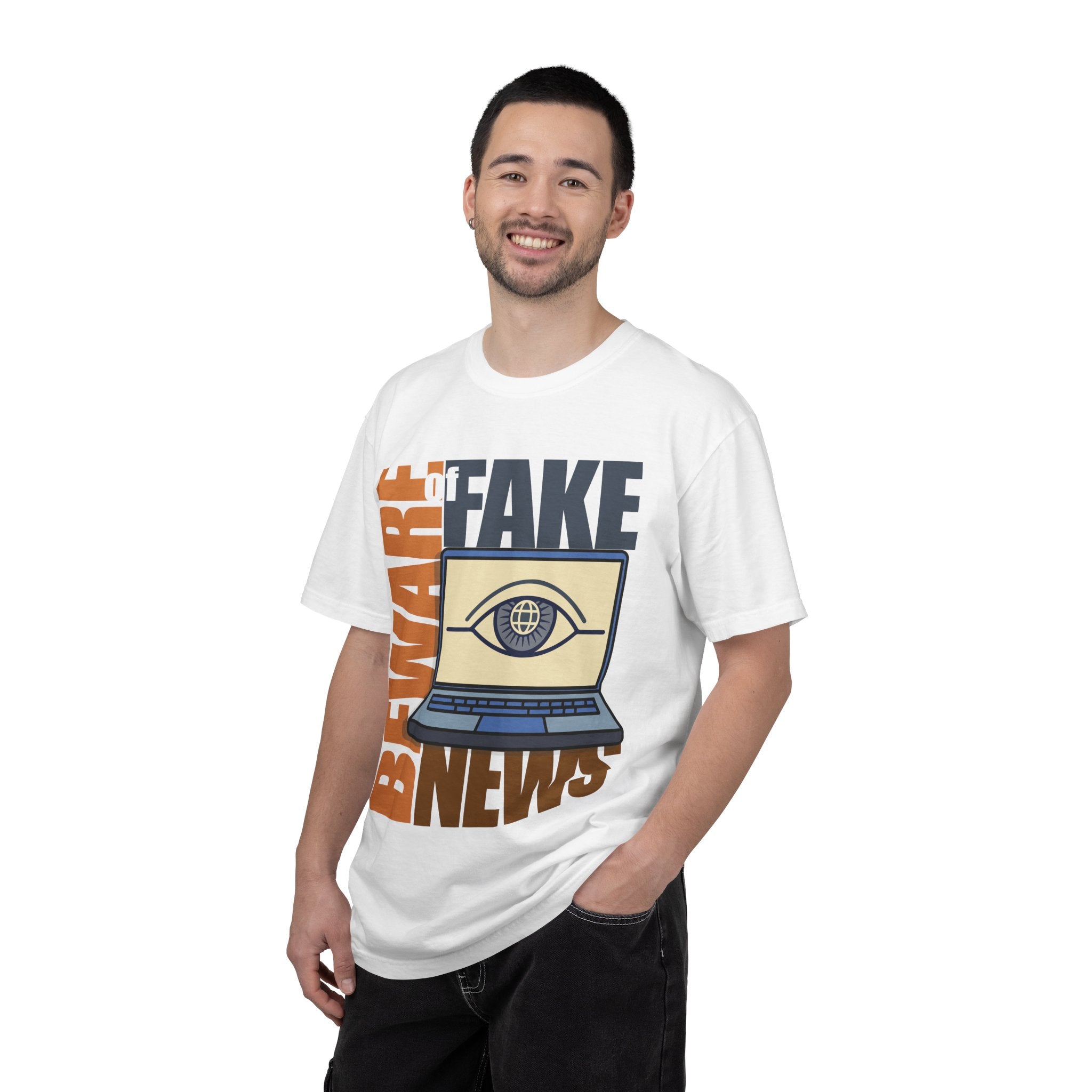 Beware Fake News T-Shirt — Graphic Laptop Eye Design