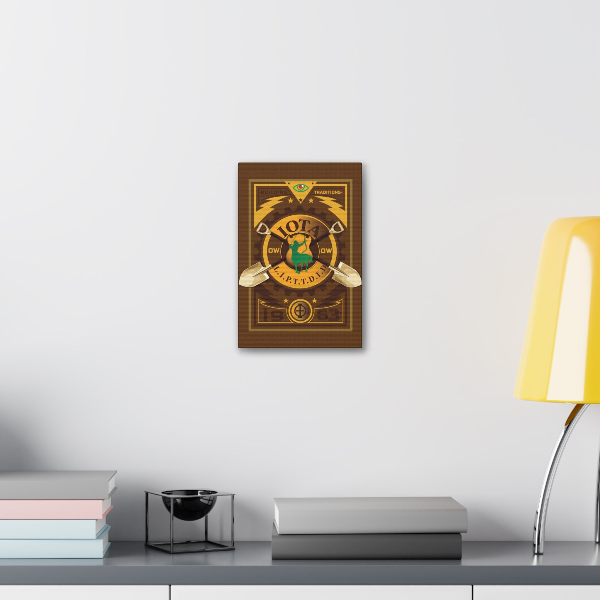 Iota Fraternity Crest Canvas Wall Art – Vintage 1963 Shovel Emblem