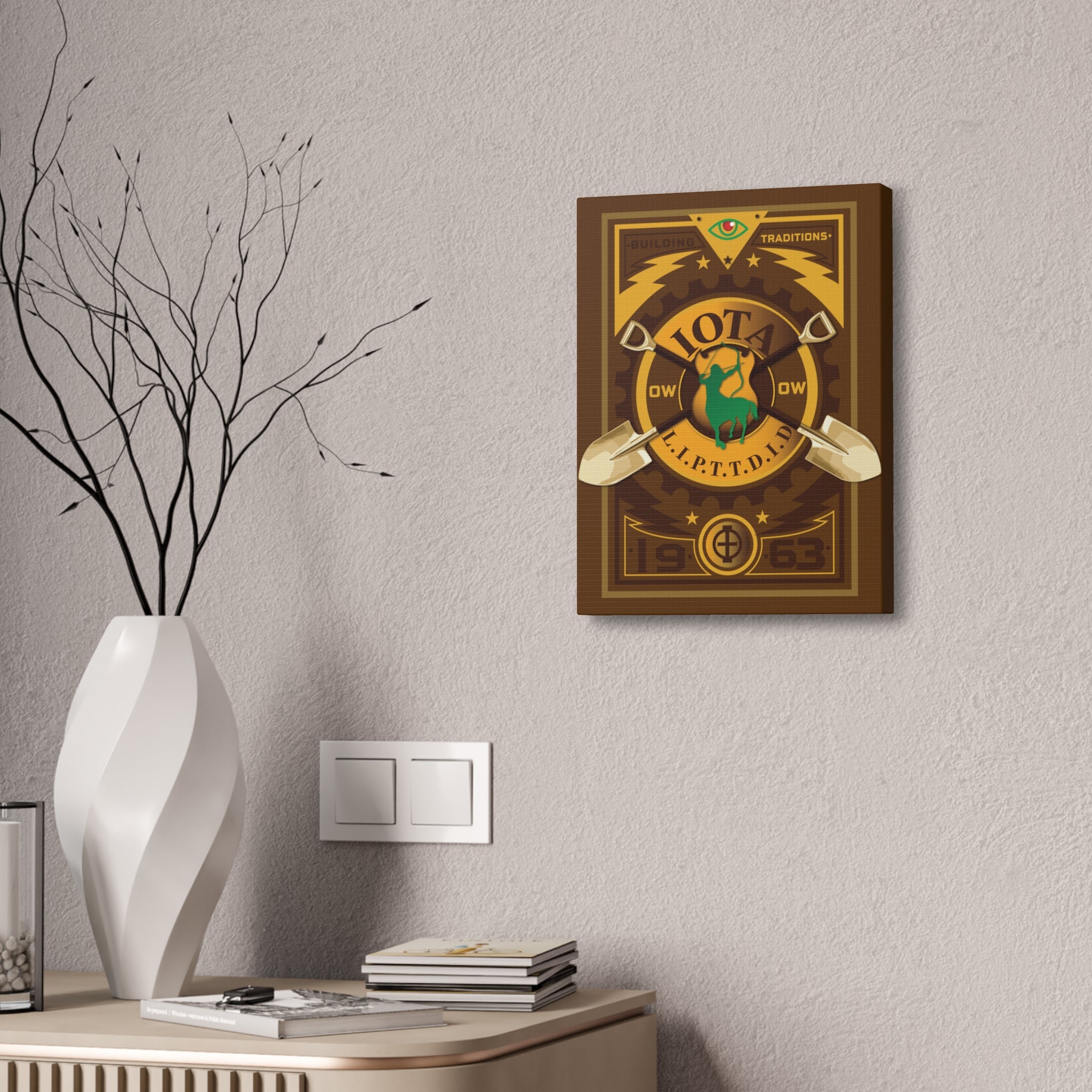 Iota Fraternity Crest Canvas Wall Art – Vintage 1963 Shovel Emblem