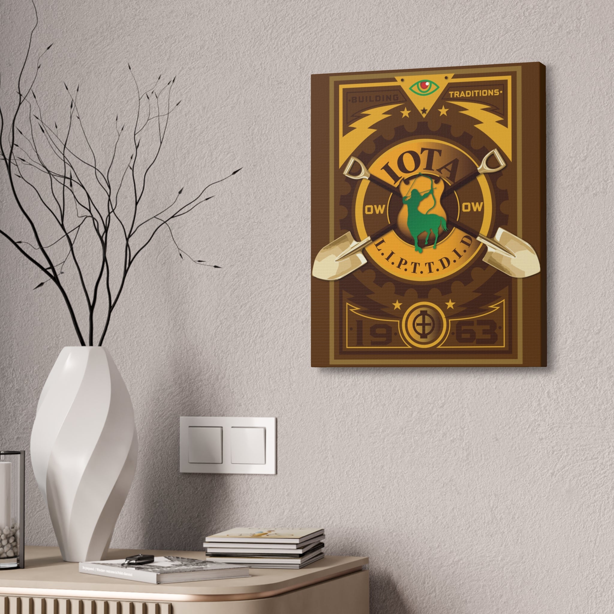 Iota Fraternity Crest Canvas Wall Art – Vintage 1963 Shovel Emblem