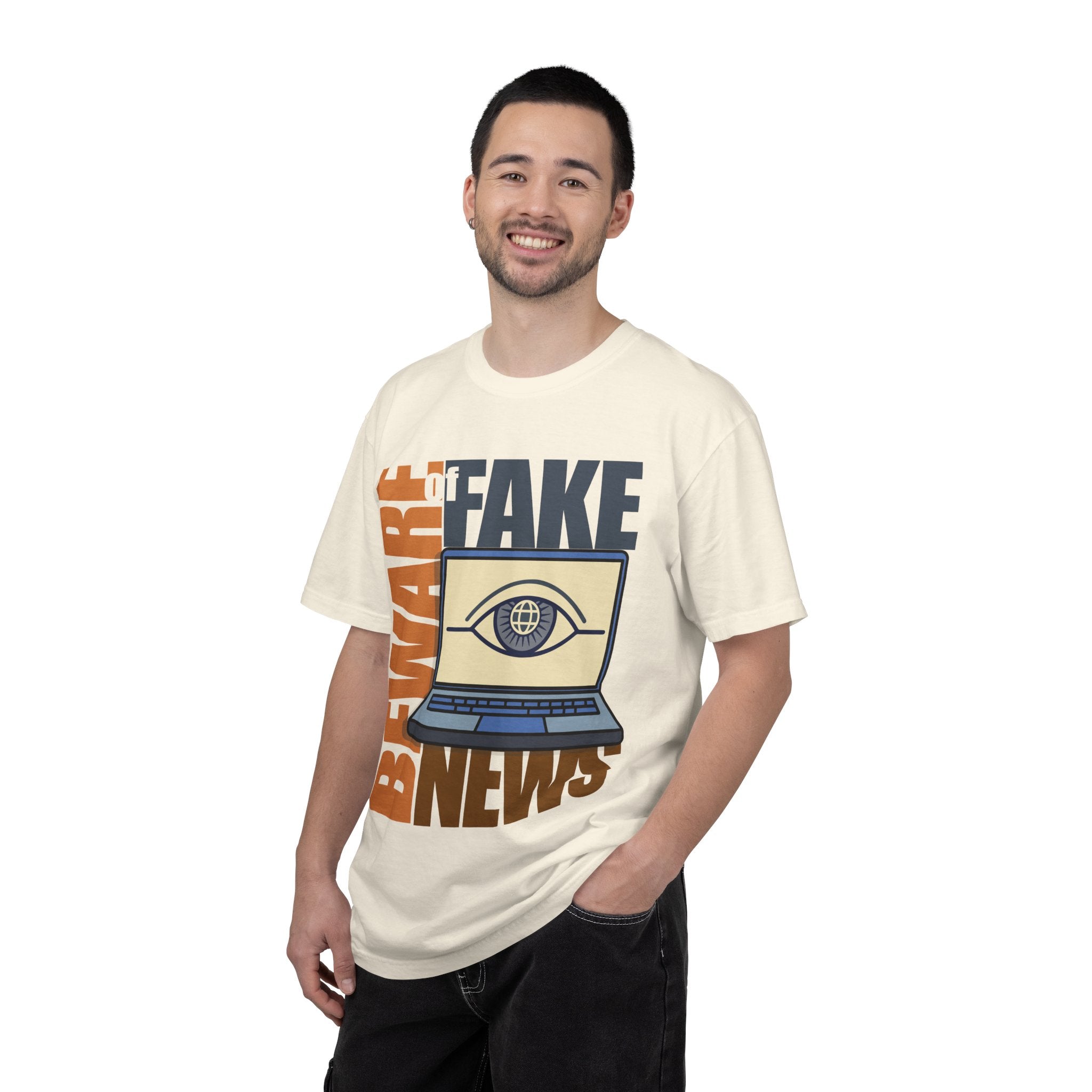 Beware Fake News T-Shirt — Graphic Laptop Eye Design