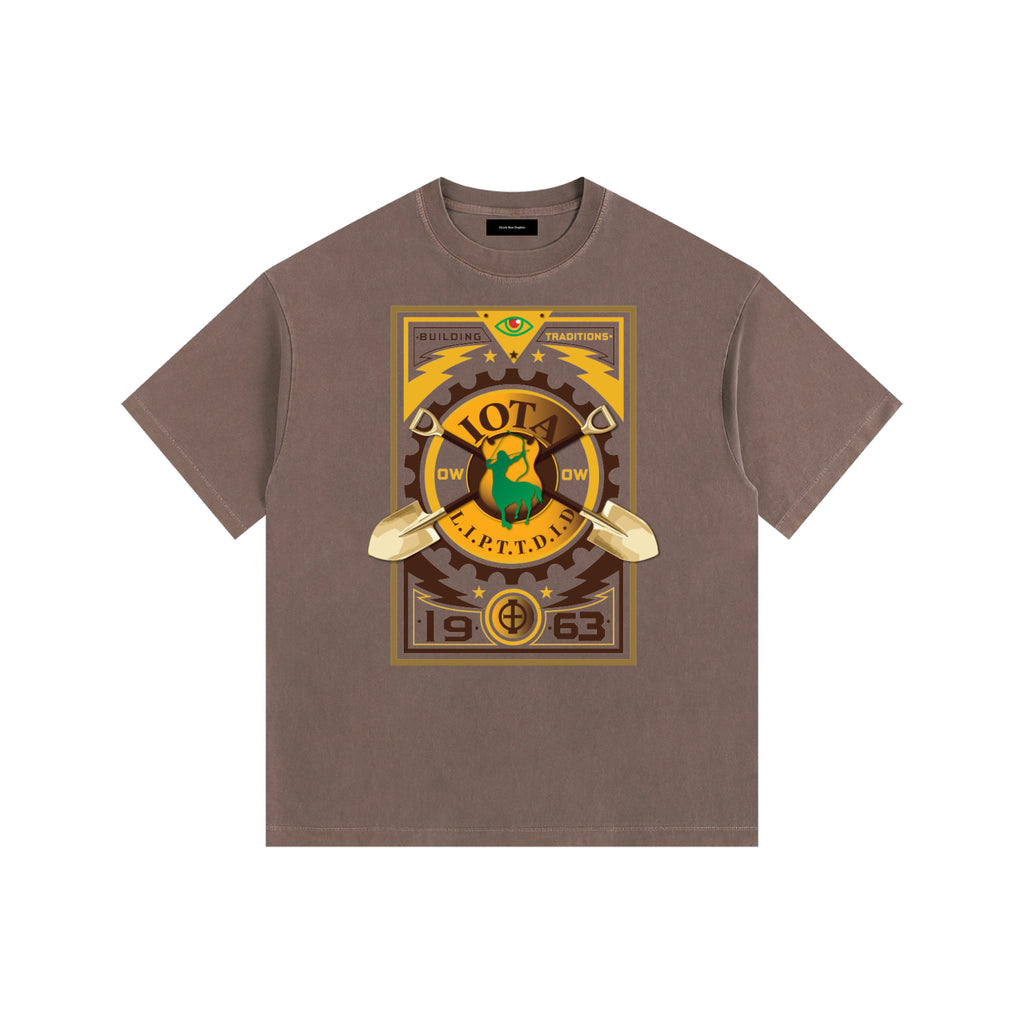 ODMPOD Iota Phi Theta vintage washed oversized cotton T-shirt, front view showing bold logo and relaxed fit.