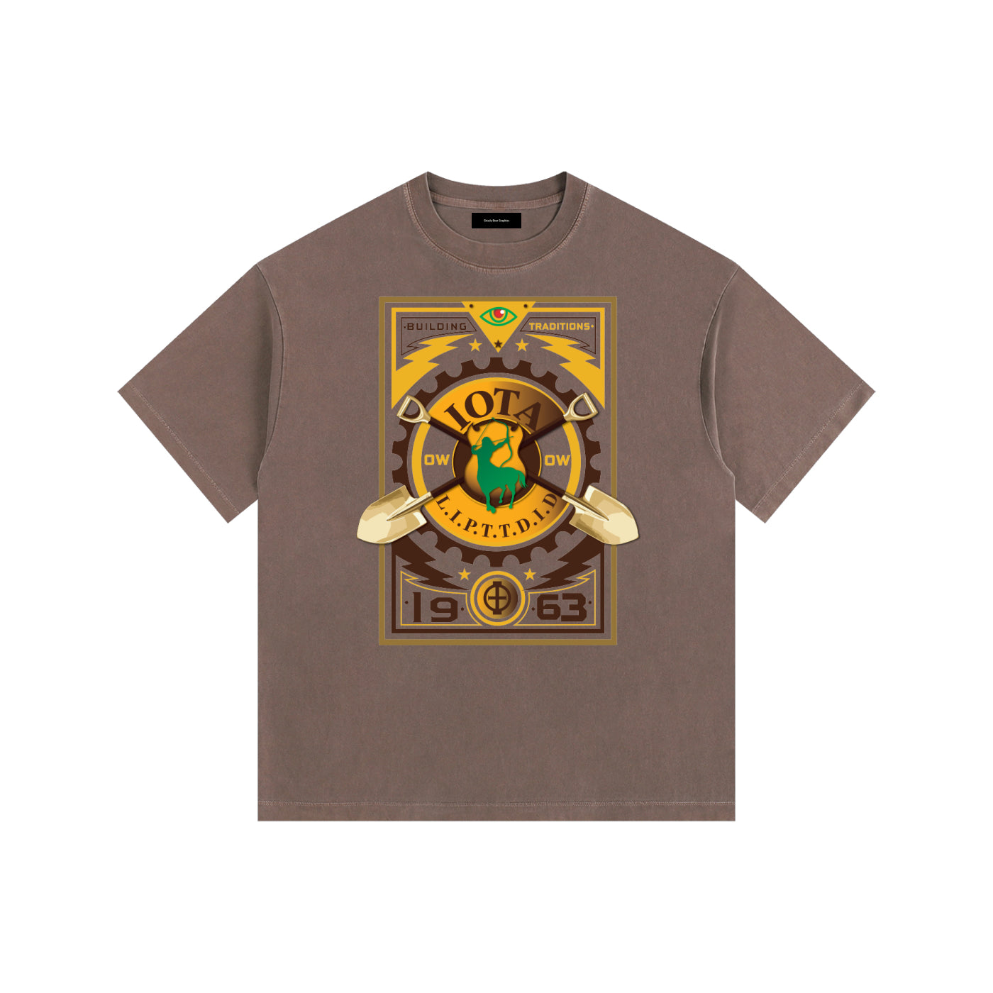 ODMPOD Iota Phi Theta vintage washed oversized cotton T-shirt, front view showing bold logo and relaxed fit.