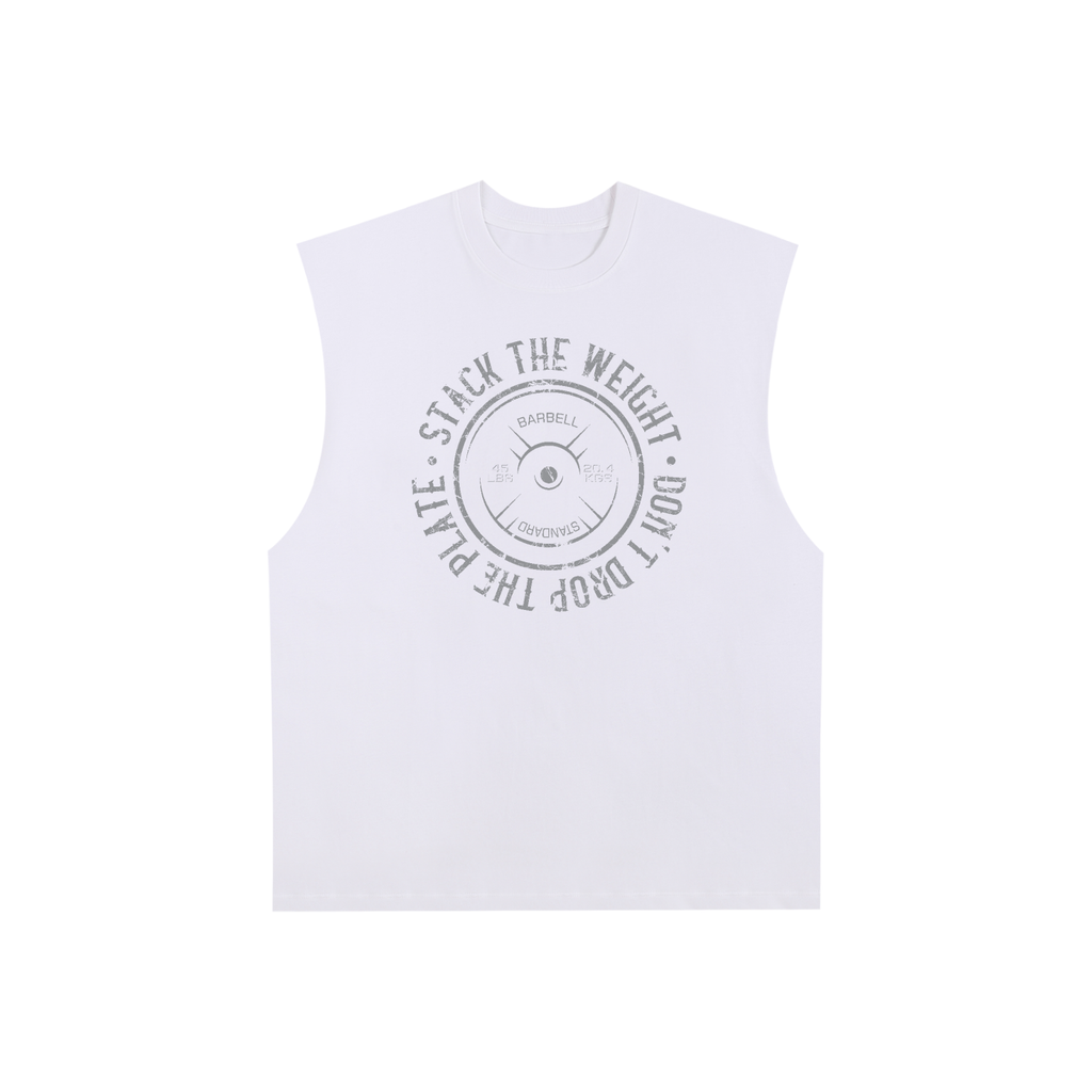 ODMPOD Gym Life Raw Edge Cotton Tank Top displayed flat, showing its sleeveless design and raw edge details.