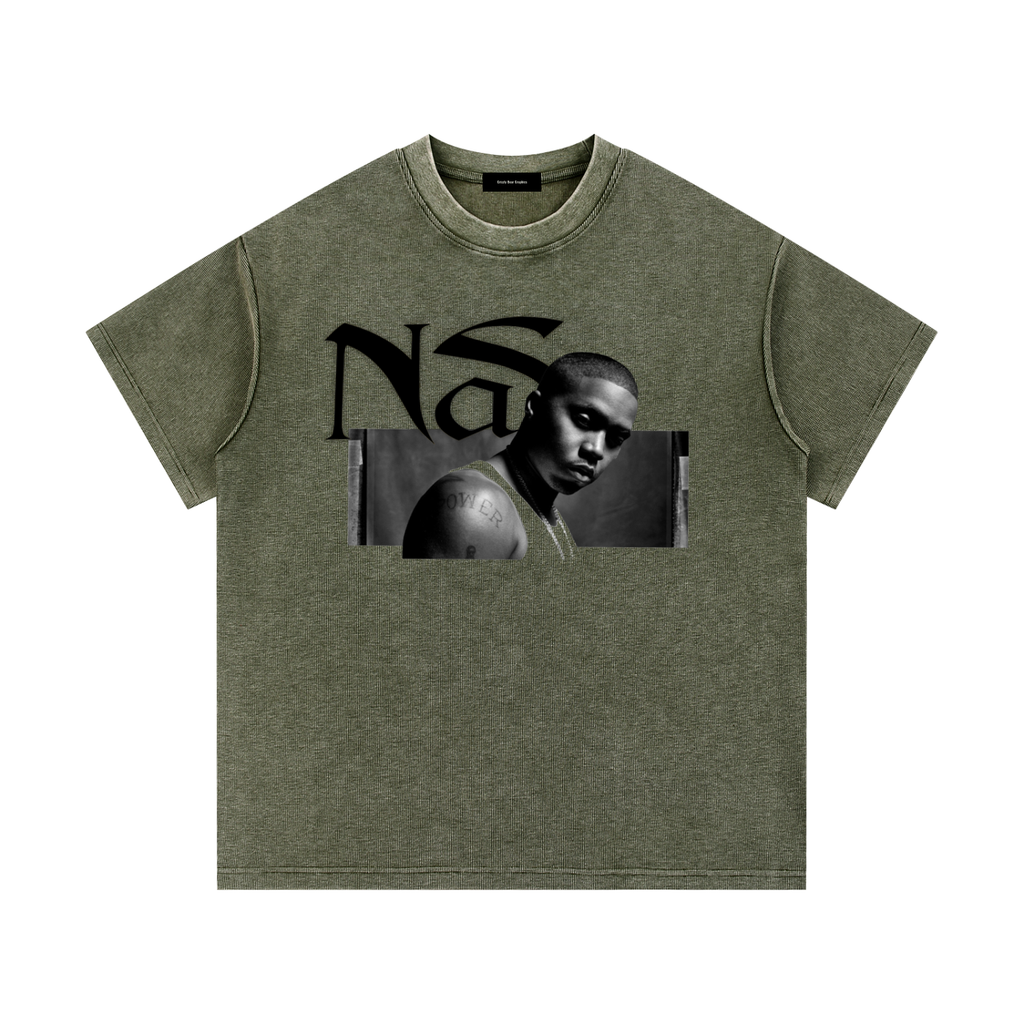 Old School Hip Hop Mineral Wash Waffle Knit T-Shirt - Grizzly Bear Graphics