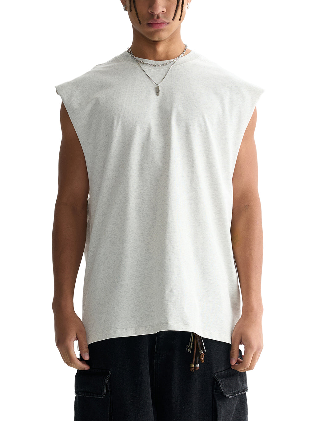 ODMPOD Gym Life Raw Edge Cotton Tank Top displayed on a hanger, showcasing its casual fit and raw edge design.